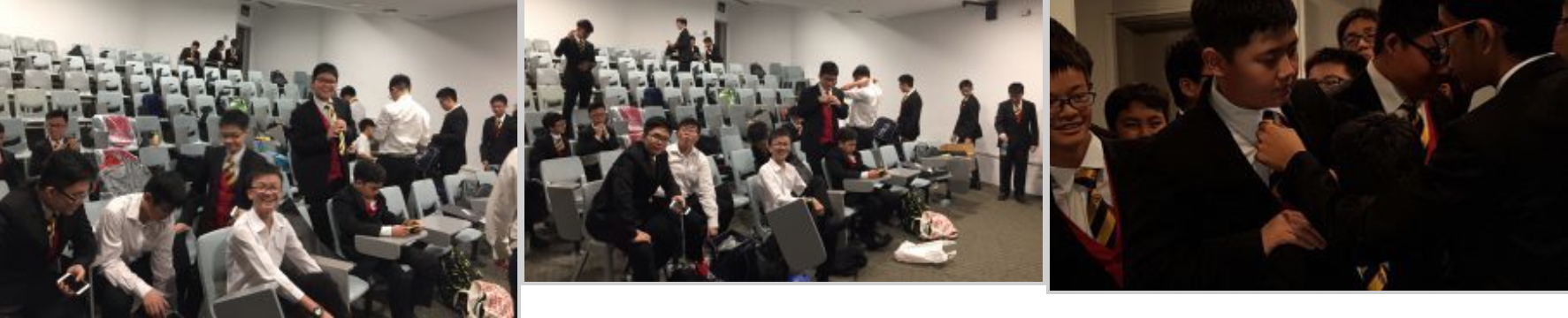 Three photos of young men in formal suits and ties gathered in a lecture hall with rows of gray chairs.